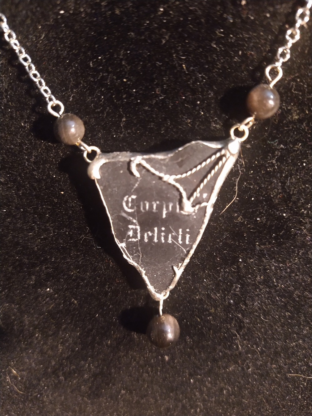 Black Corpus Delicti Triangle Pendant Necklace with Silver Obsidian Beads